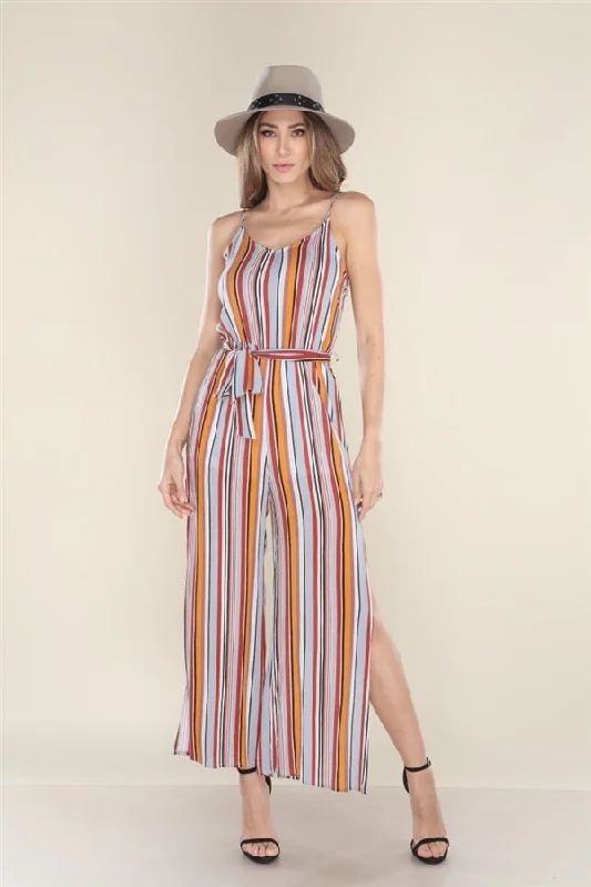 ASH GREY AND UMBER STRIPED JUMPSUIT  R2123R Ruffle jumpsuit, Feminine touch, Trendy, Party wear