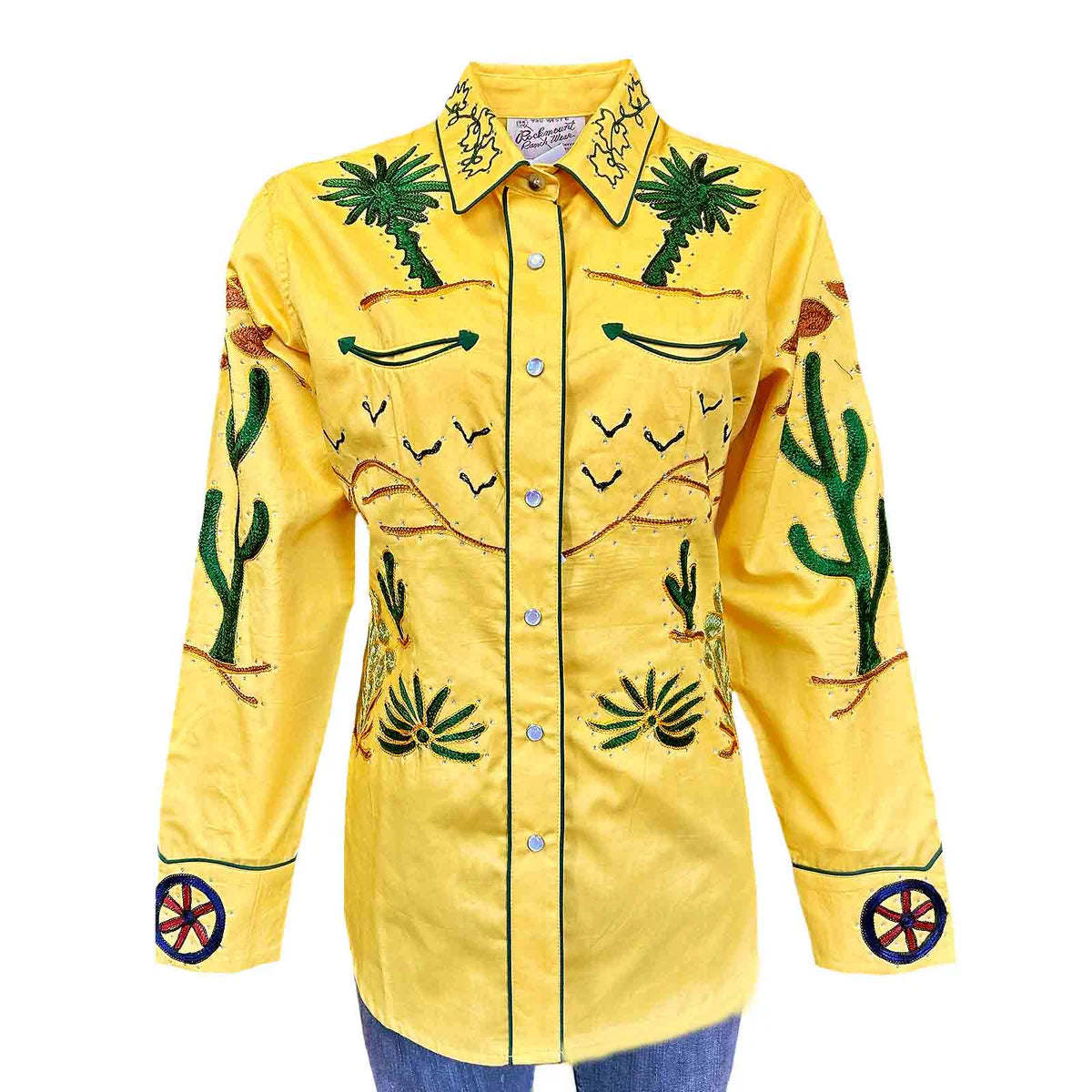 Women's Vintage Western Shirt Collection: Rockmount Fancy Palm Trees Wagon Wheels Gold-- Cozy Warm Stylish