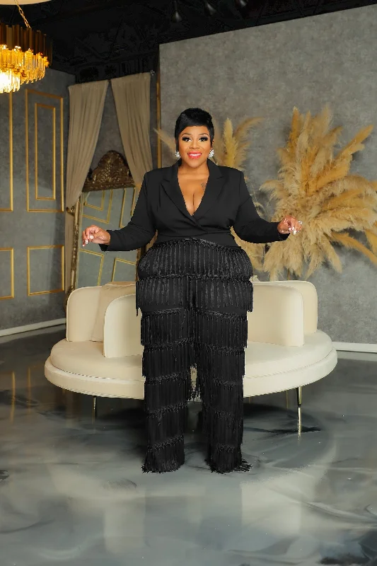 Black Shake It Fringe Jumpsuit Dressy jumpsuit, Formal wear, Elegant, Chic
