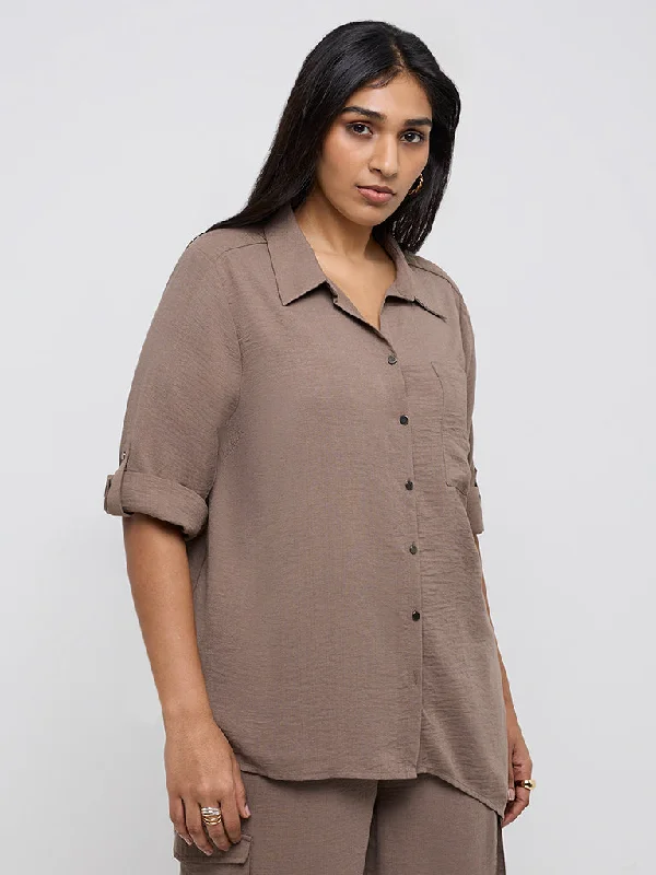 Gia Taupe Asymmetrical Shirt-- Front Pockets Side Pockets Patch Pockets