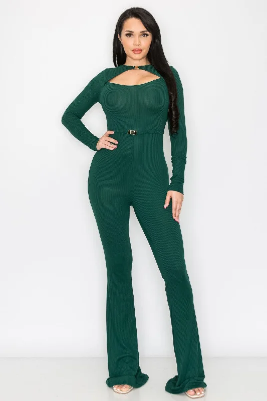 HUNTER GREEN BLUSH RIB BUCKLE WAIST DETAILED JUMPSUIT SP9792J Button-down jumpsuit, Casual style, Comfortable, Trendy