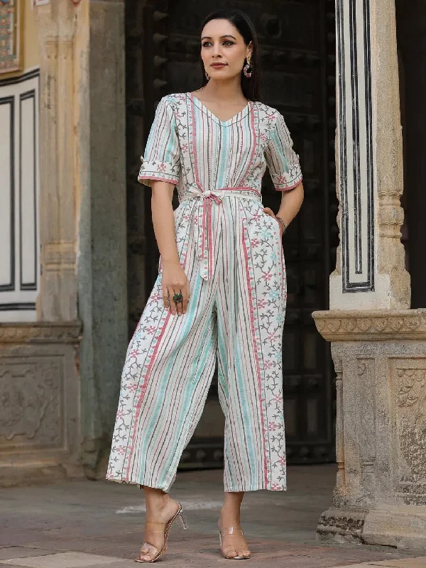 Juniper Women Ivory Cotton Flex Jamdani Printed Jumpsuit. Cotton jumpsuit, Casual, Comfortable, Trendy
