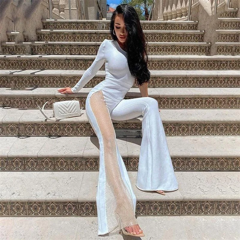 Vip Jumpsuits  Rhinestones Bodycon Flared Slim Fit High Waist One-piece Outfits Jumpsuit with bow, Feminine, Chic, Elegant
