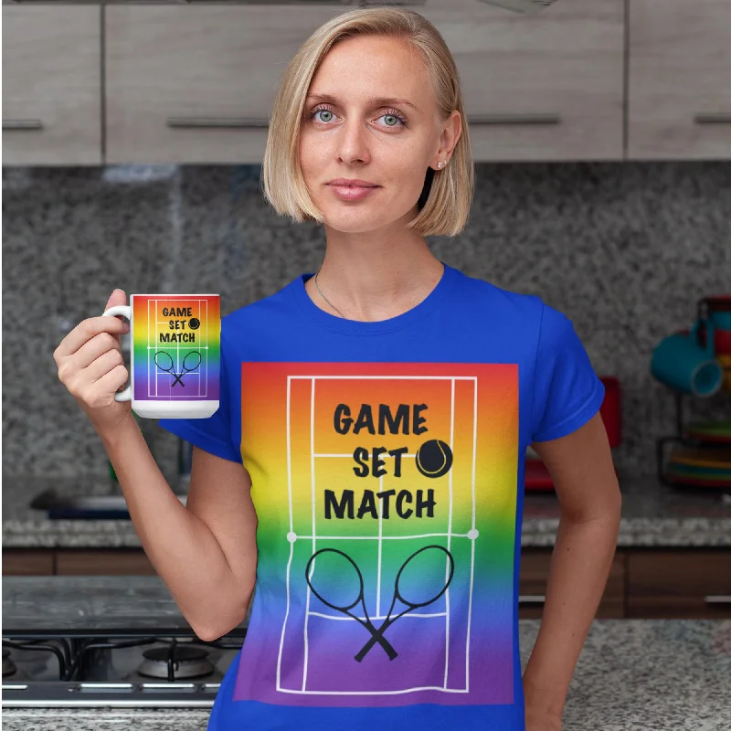 65 MCMLXV Women’s Game, Set Match Rainbow Tennis Court Graphic T-Shirt-- Notch Collar Peter Pan Collar Cowl Neck
