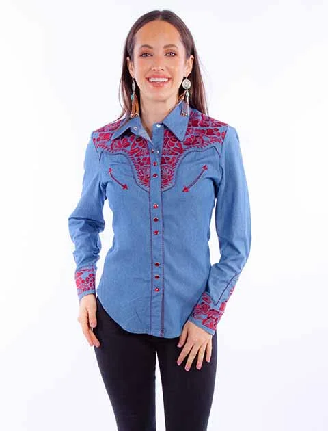Women's Vintage Western Shirt Collection: Scully Gunfighter Blue & Cranberry-- Cotton Fabric Linen Fabric Terry Fabric