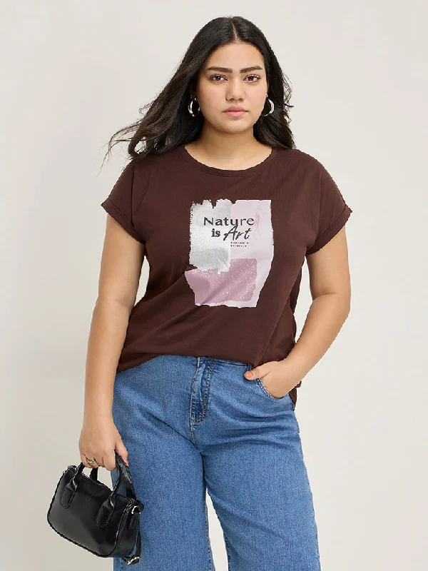 Gia Brown Text-Printed Cotton T-Shirt-- Zippered Front Buttoned Front Snap Front
