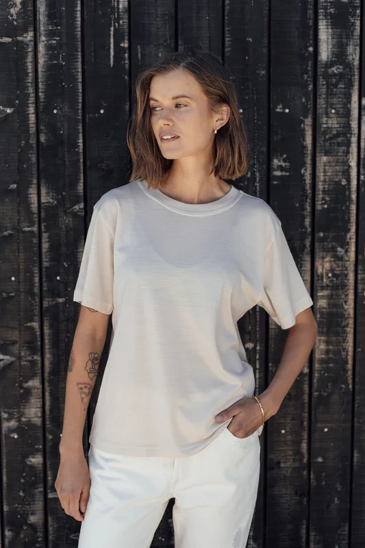 The Merino T-Shirt - Almond-- Striped Floral Plaid