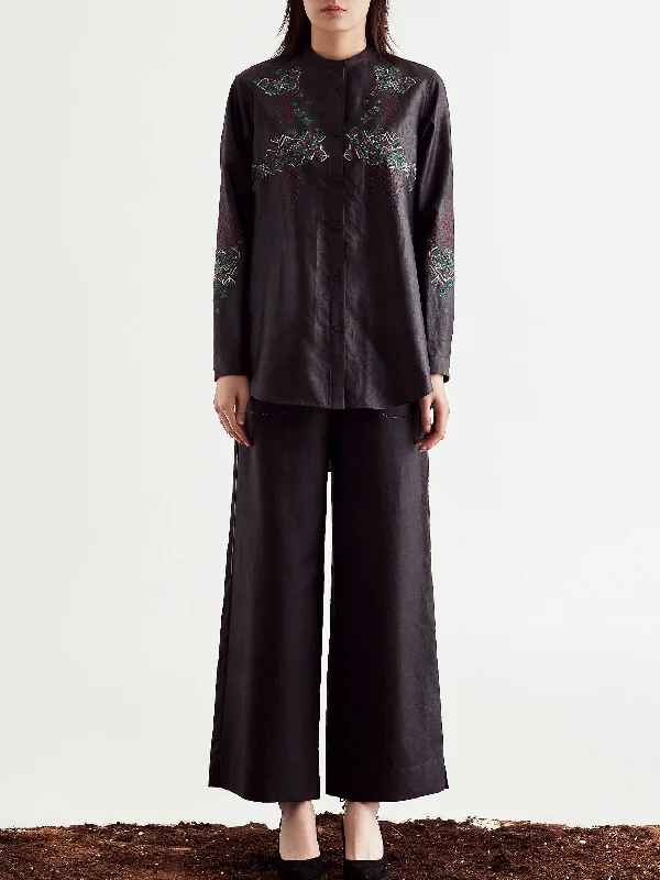 Embroidered Gambiered Guangdong Silk Shirt-- Mesh Blend Leather Blend Suede Blend