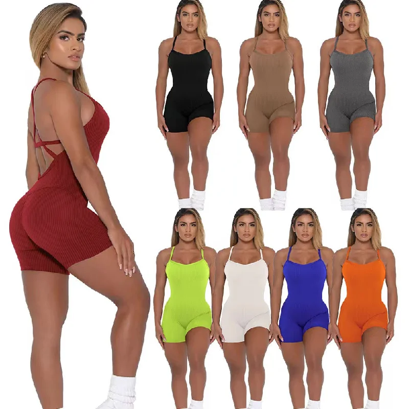 Solid color rib suspender jumpsuit（CL12189） Back tie jumpsuit, Fashionable, Flattering, Casual