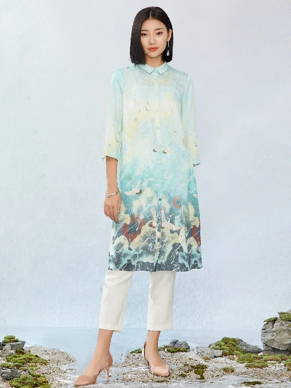 Longline-style Print Shirt-- Fleece Nylon Spandex