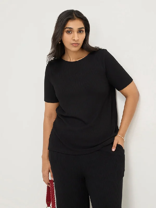 Gia Black Ribbed Textured T-Shirt-- Polka Dot Checkered Tartan