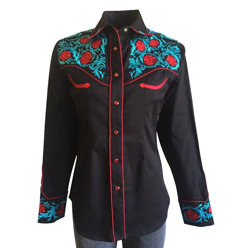 Women's Vintage Western Shirt Collection: Rockmount Fancy Floral Turq and Red Embroidery Black-- Oversized T-Shirt Spandex breathable