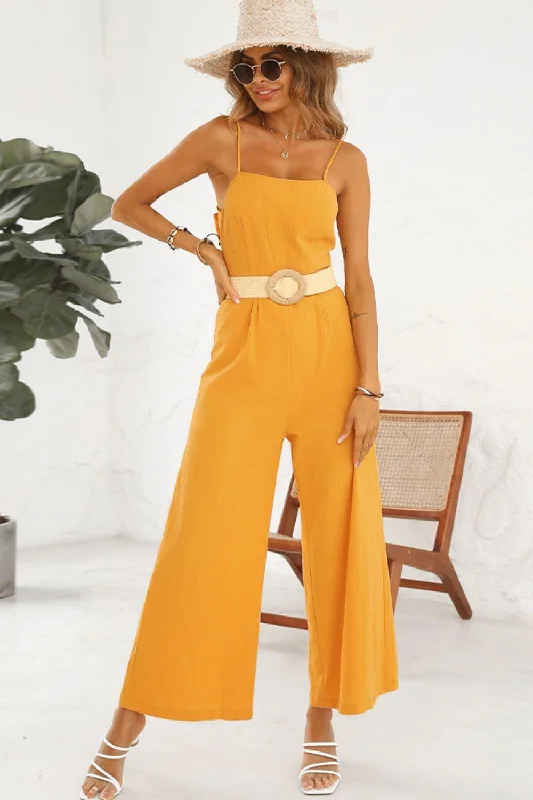 Cutout Spaghetti Strap Tie Back Wide Leg Jumpsuit Button-down jumpsuit, Casual, Street style, Trendy