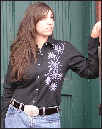 Women's Embroidered Western Shirt: White Horse Rowell Design-- Solid Print Embellished