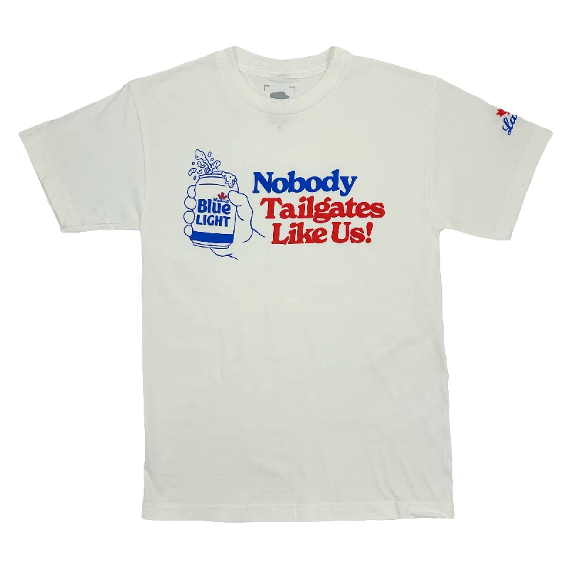 BFLO x Labatt Nobody Tailgates Like Us! White T-Shirt-- Elegant Classic Vintage