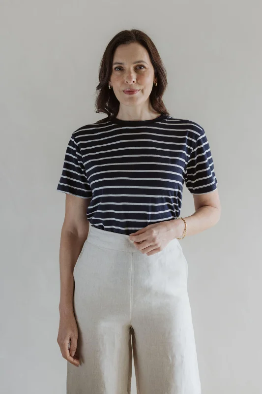 The Merino T-Shirt - Navy Stripe-- Lace Blend Ribbed Blend Corduroy Blend