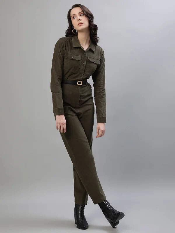 Iconic Women Green Solid Spread Collar Full Sleeves Jumpsuit Solid color jumpsuit, Sleek, Minimalist, Trendy