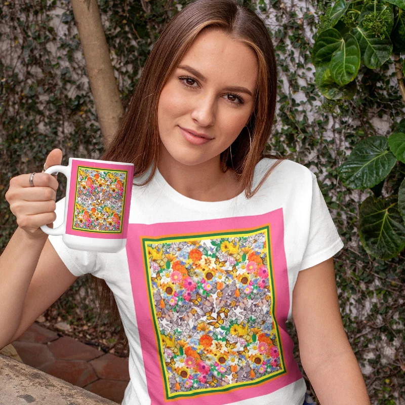 65 MCMLXV Butterflies & Flowers Women’s Premium Graphic T-Shirt-- Notch Collar Peter Pan Collar Cowl Neck