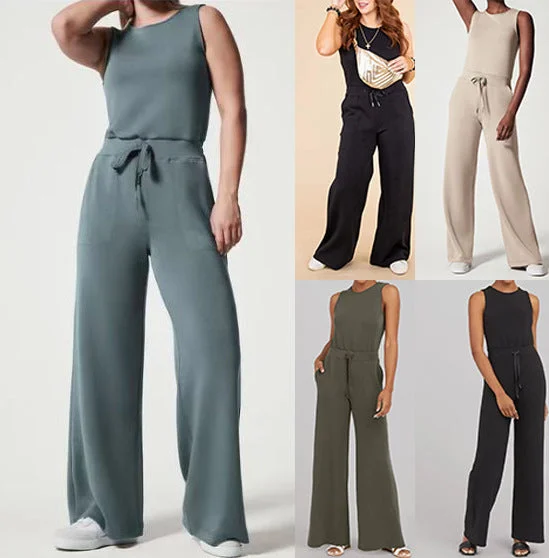 Solid Color Jumpsuit Sleeveless Tops Tie Elastic Pants Romper Bohemian print jumpsuit, Summer, Relaxed fit, Stylish