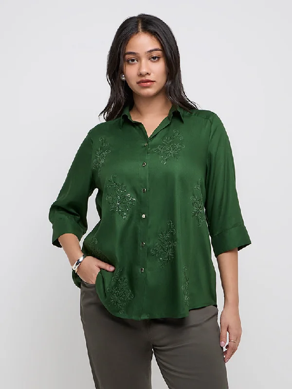 Gia Green Floral Embellished Shirt-- Knit Fabric Woven Fabric Fleece Fabric
