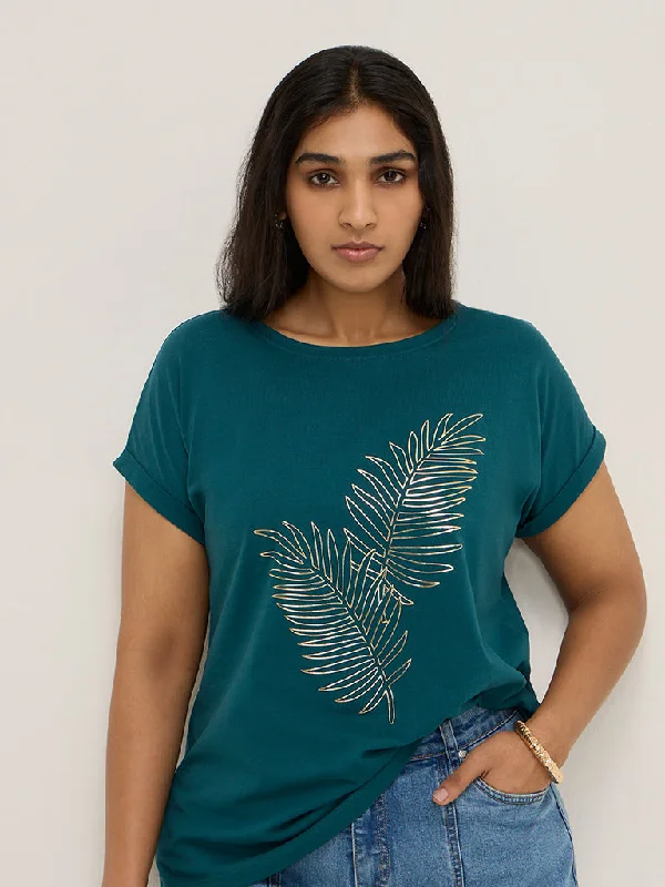 Gia Teal Leaf Design Cotton T-Shirt-- Hooded Caped Shawl Collar