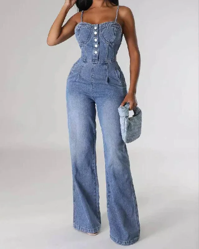 Washed Stretch Suspender Wide Leg Denim Jumpsuit 6012 Casual jumpsuit, Street style, Comfortable, Trendy