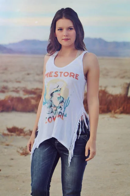 Original Cowgirl Clothing T-Shirts: Rockin' B Ranch Dimestore Cowgirl Fringe Tank-- Polka Dot Checkered Tartan