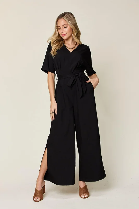 Double Take Full Size V-Neck Tie Front Short Sleeve Slit Jumpsuit Light fabric jumpsuit, Casual, Comfortable, Summer wear