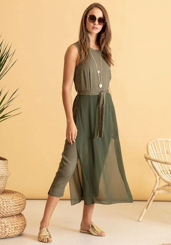Naya Chiffon Overlay Cropped Leg Jumpsuit, Khaki Street style jumpsuit, Trendy, Casual, Comfortable