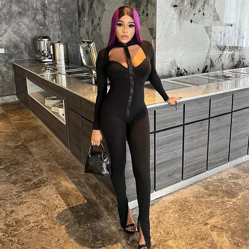 Hollow tight long sleeve zipper jumpsuit（CL12131） High-neck jumpsuit, Modest style, Elegant, Trendy