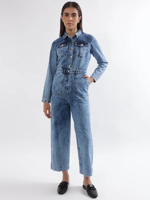 Elle Women Blue Washed Spread Collar Full Sleeves Basic Jumpsuit Floral jumpsuit, Feminine, Summer vibes, Trendy