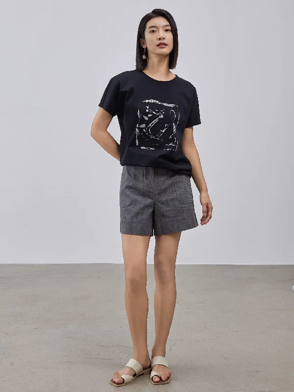 Cotton jersey silver dragon printed loose-fitting raglan sleeve T-shirt-- Welt Pockets Slit Pockets