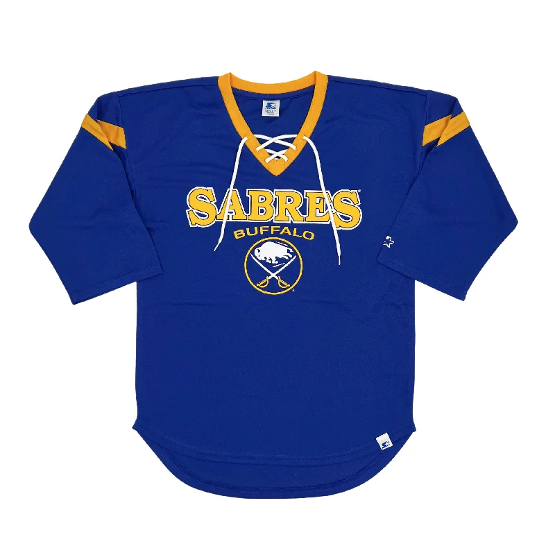 Women's Buffalo Sabres Royal Lace Up Starter Three Quarter Sleeve Shirt-- Print Jacquard Patchwork