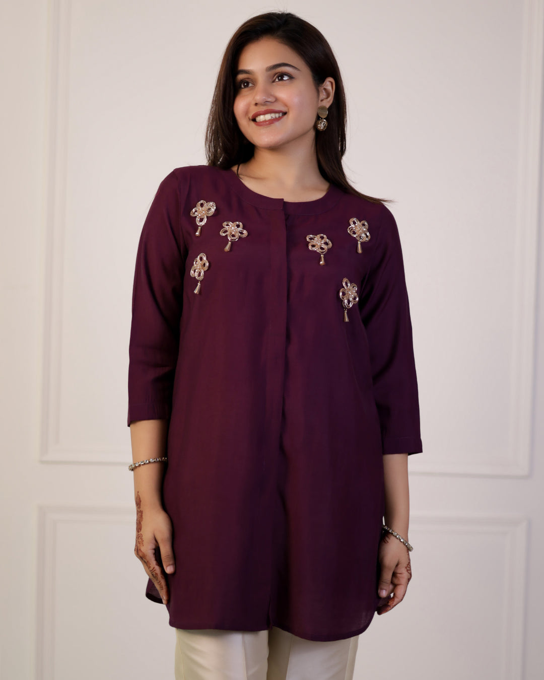 Plum Purple Solid Embellished Shirt-- Mesh Blend Leather Blend Suede Blend