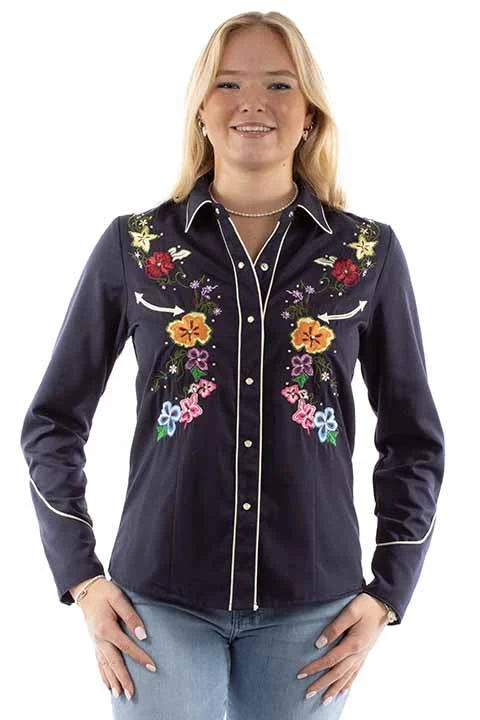 Women's Vintage Western Shirt Collection: Scully Navy Floral-- Solid Print Embellished