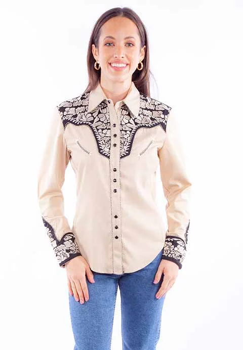 Women's Vintage Western Shirt Collection: Scully Gunfighter Tan & Black-- Fleece Fabric Down Fabric Feather Fabric