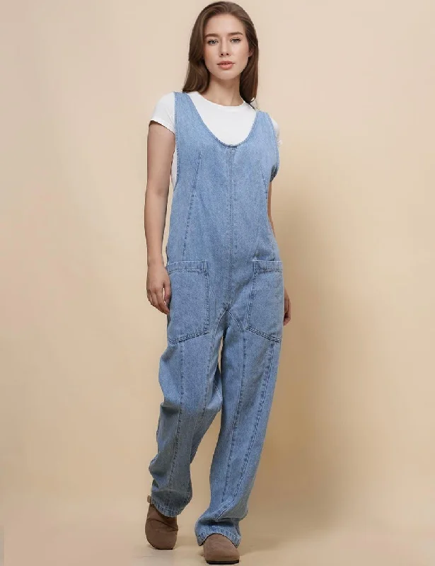 Denim Adjustable Shoulder High Roller Jumpsuit SKJ150 Pleated wide leg jumpsuit, Feminine, Elegant, Stylish