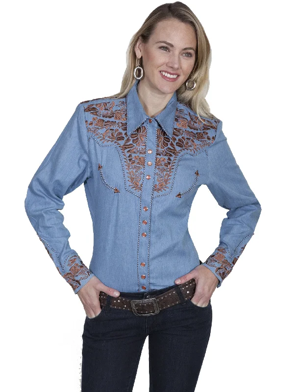 Women's Vintage Western Shirt Collection: Scully Gunfighter Denim Blue & Rust-- Casual Formal Business