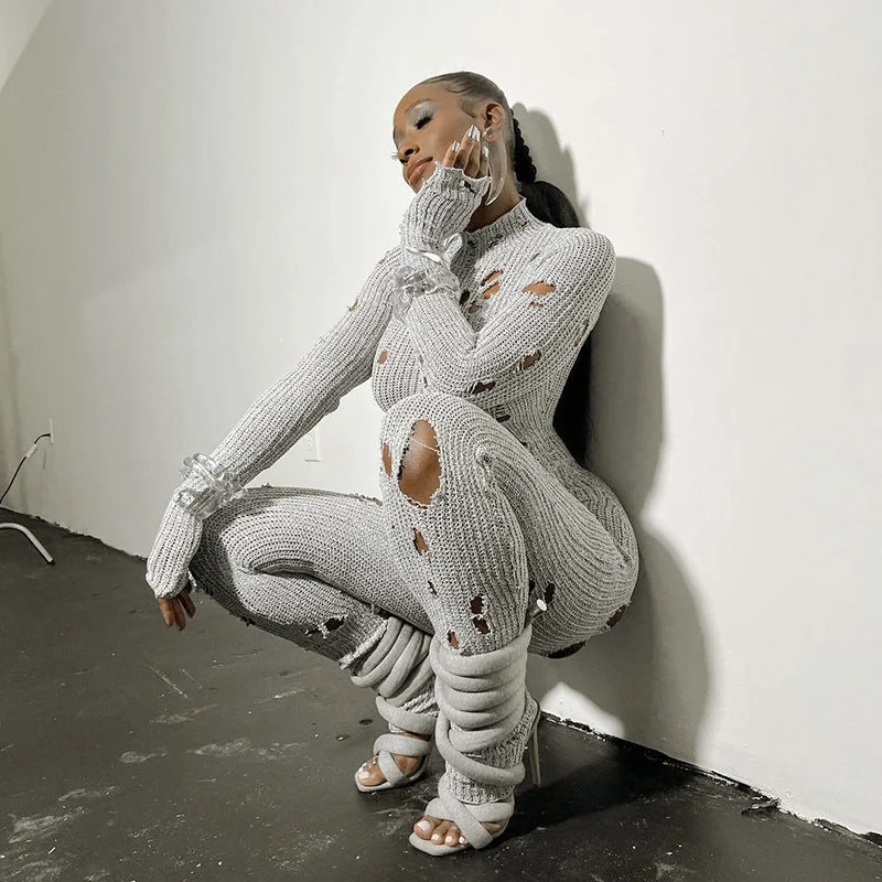 Perforated Long Sleeve Back Strap Woolen Long jumpsuit(CL12025) Striped jumpsuit, Bold pattern, Trendy, Comfortable