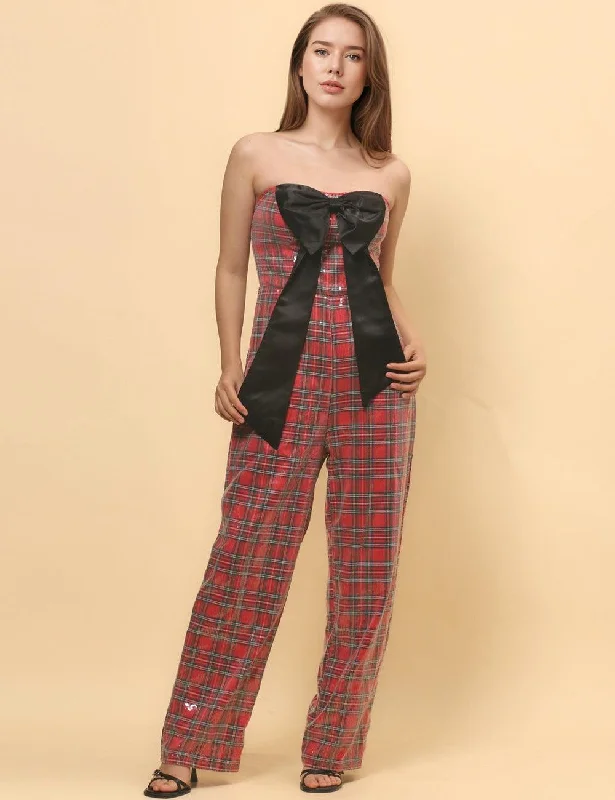 Ladies Christmas Sequin Plaid Jumpsuit Bowknot Overall SKJ4920 Fitted jumpsuit, Sleek design, Casual, Stylish