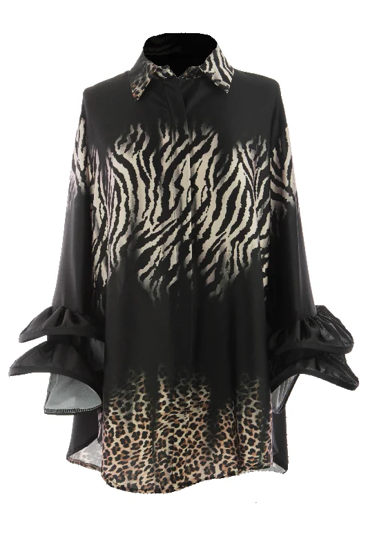 Leopard Zebra Frill Cuff Satin Shirt-- Satin Fabric Silk Fabric Chiffon Fabric