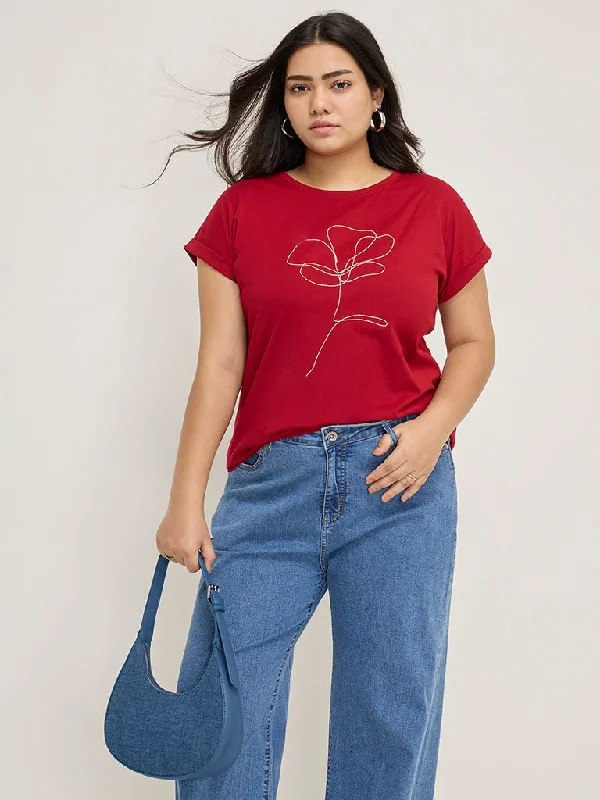 Gia Red Floral Embellished Cotton T-Shirt-- Hooded Caped Shawl Collar