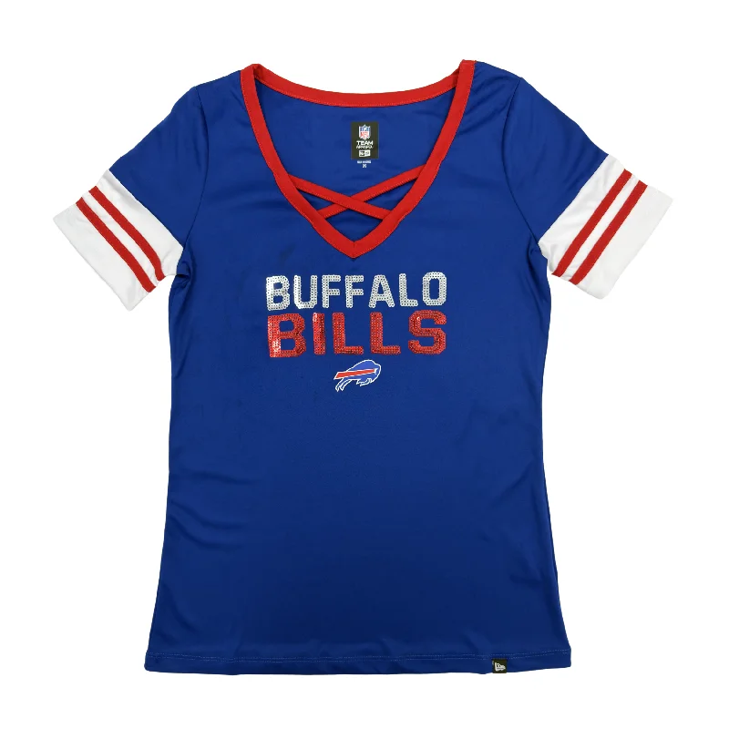 Women's New Era Bills Sequin Criss Cross V-Neck Shirt-- Collared Crew Neck Turtle Neck