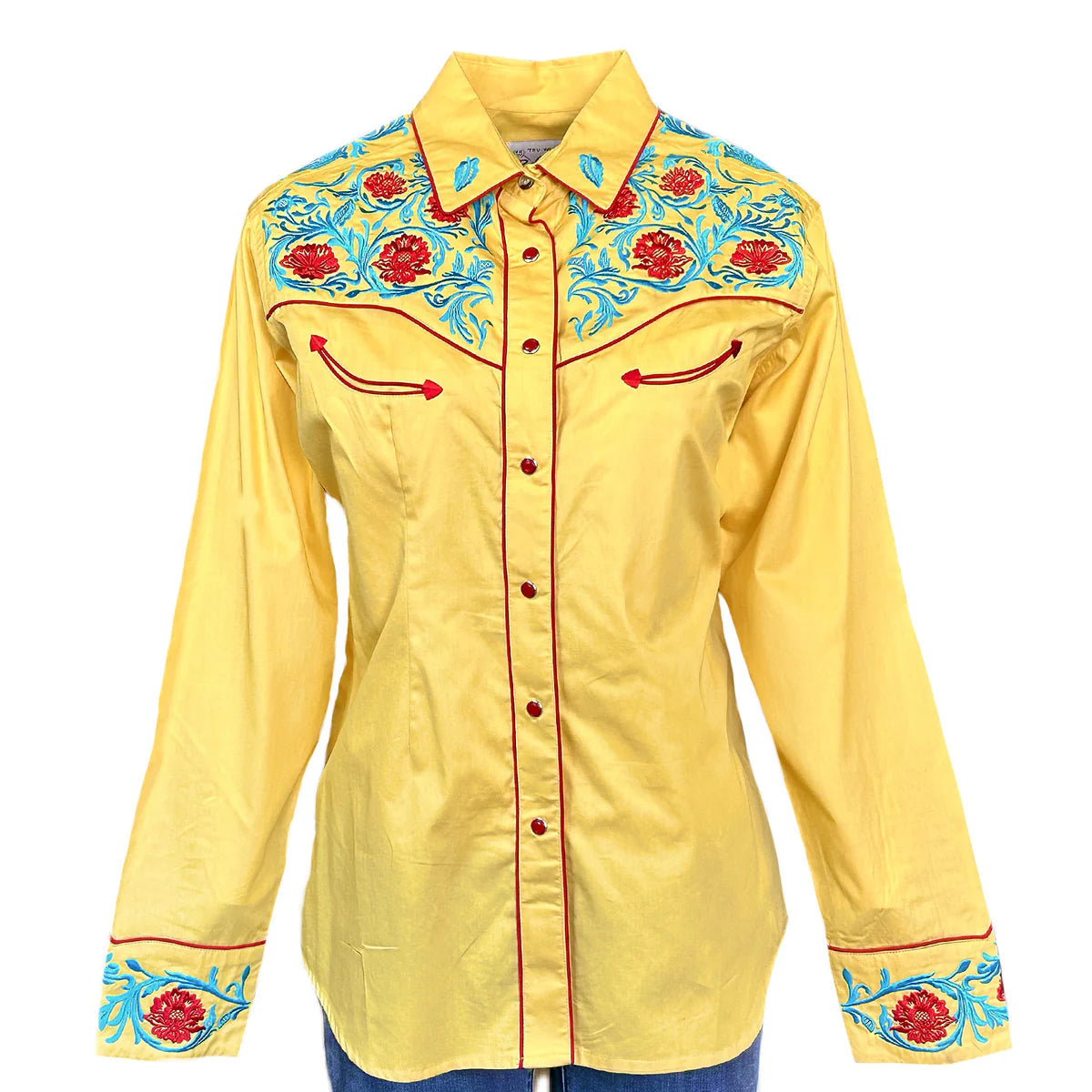 Women's Vintage Western Shirt Collection: Rockmount Fancy Floral Blue Red Embroidery Yellow-- Print Jacquard Patchwork