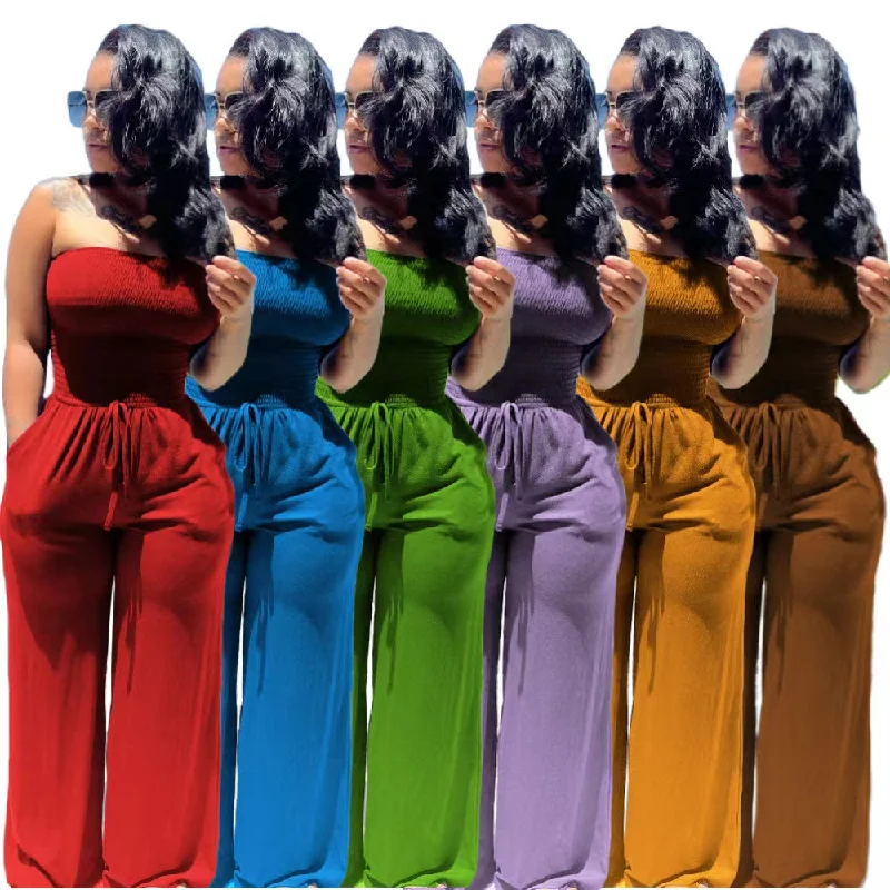 Solid color sanded tube top wide-leg jumpsuit（CL12136） Tailored black jumpsuit, Chic, Elegant, Professional