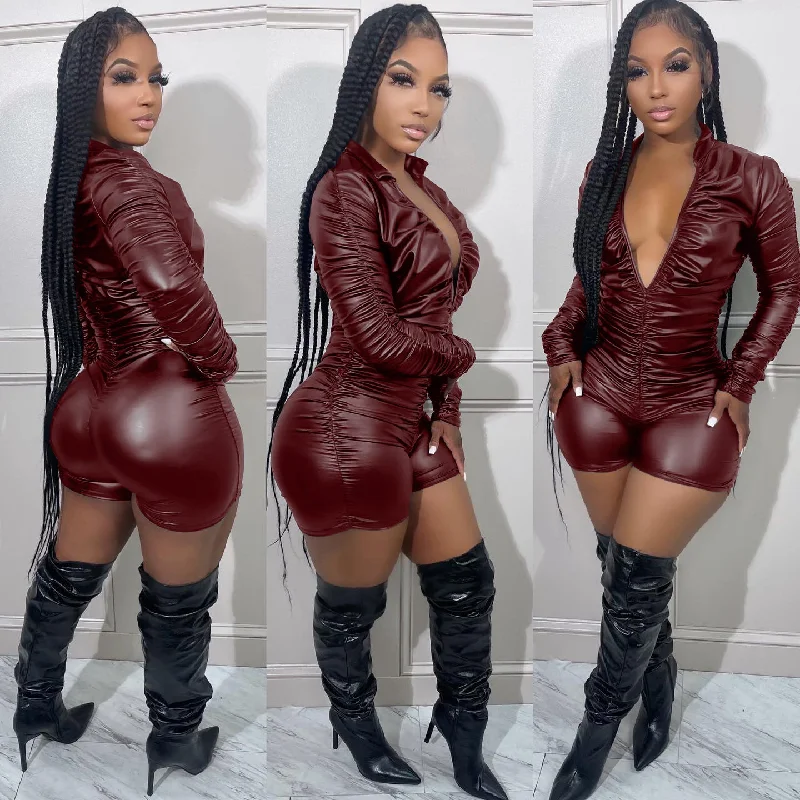 Slim-Fit Pleated High Elastic PU Leather Jumpsuit（CL11271） Pleated satin jumpsuit, Glamorous, Chic, Elegant