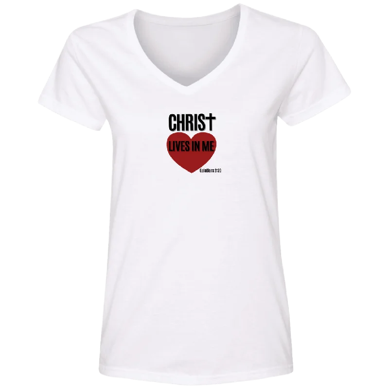 Christ Lives In Me Ladies V Neck Tee Shirt-- Casual Formal Business