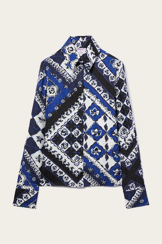 Festa-Print Silk-Twill Shirt-- Hooded Caped Shawl Collar