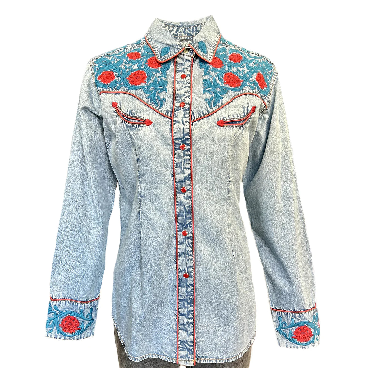 Women's Vintage Western Shirt Collection: Rockmount Fancy Floral Blue Red Embroidery Denim-- Graphic T-Shirt Round Neck Polyester