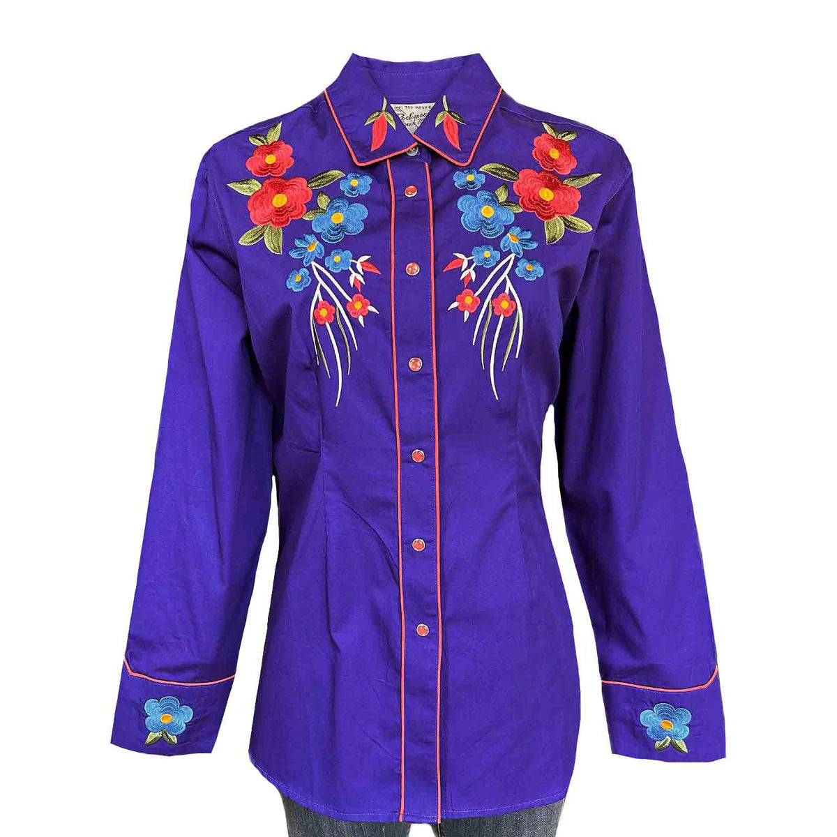 Women's Vintage Western Shirt Collection: Rockmount Fancy Floral Blooms Purple-- Notch Collar Peter Pan Collar Cowl Neck